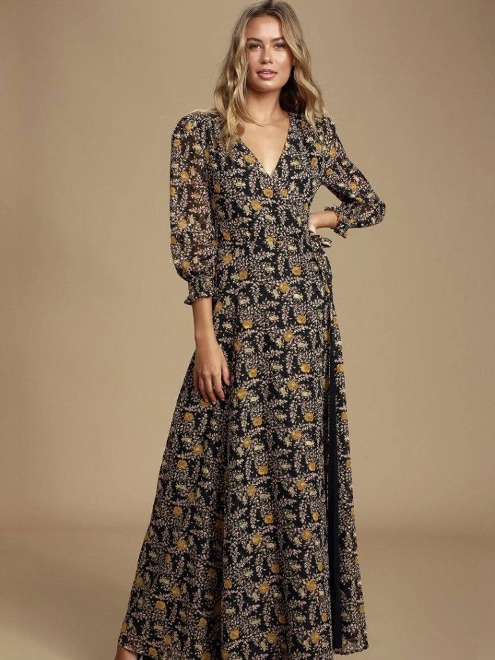 Lulus Meet Me There Black Multi Floral Print Wrap Maxi Dress​ NWT